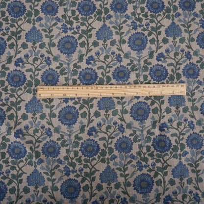 100% LINEN Fabric Mughal floral blue block print on oatmeal natur linen - linen floral upholstery dress making sewing curtains