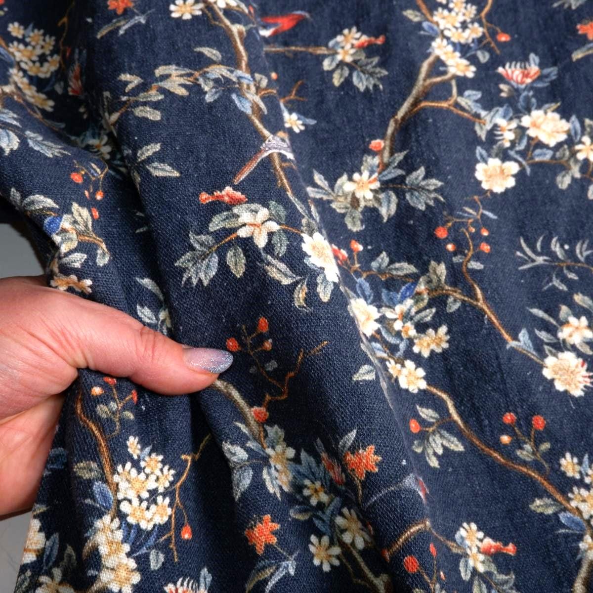 100% LINEN Fabric Toile de Jouy in navy blue, botanical flax fabric with indigo blue print, French linen floral Birds on the tree