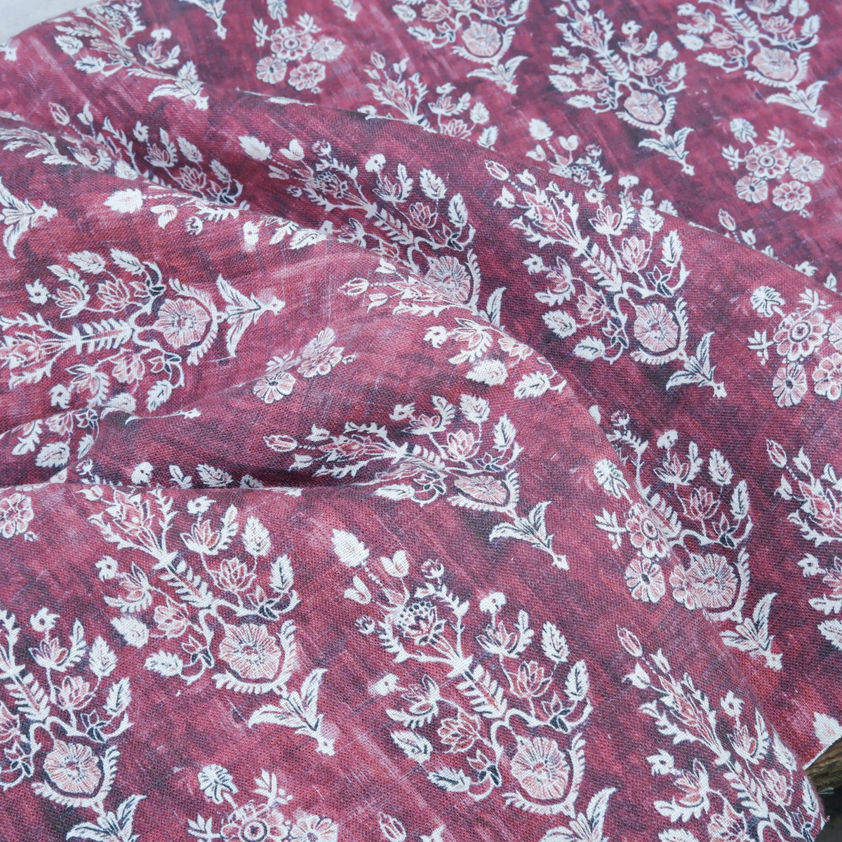 100% LINEN Fabric block print indian red  3662 -  oatmeal linen fabric with green floral print decor
