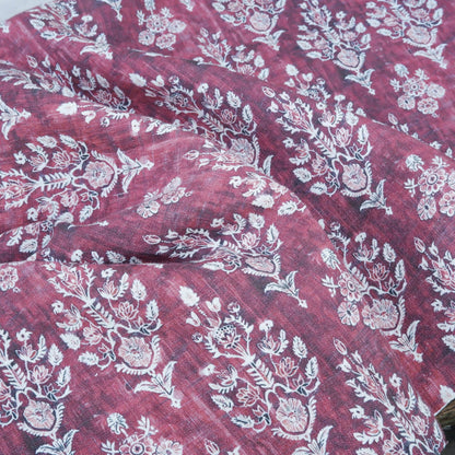 100% LINEN Fabric block print indian red  3662 -  oatmeal linen fabric with green floral print decor