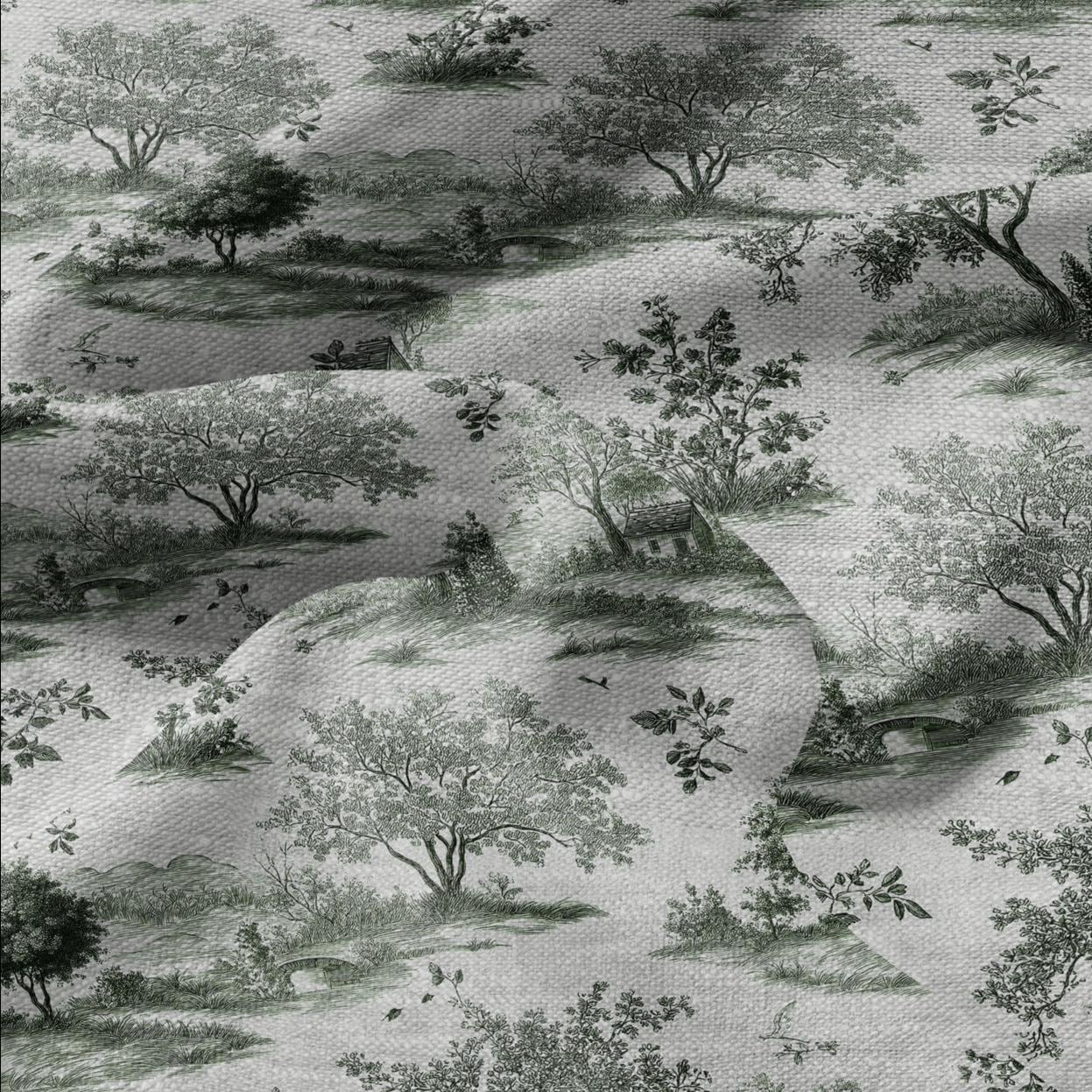 100% LINEN Fabric Country block print on oatmeal natur linen, floral toile de jouy fabric, French linen floral upholstery 3019