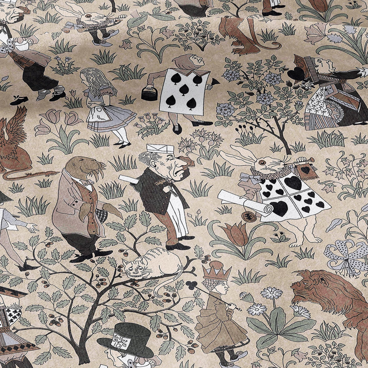 100% linen fabric - Alice in Wonderland beige by Voysey - Victorian Art crafts - Historical pattern for upholstery dress making 3613