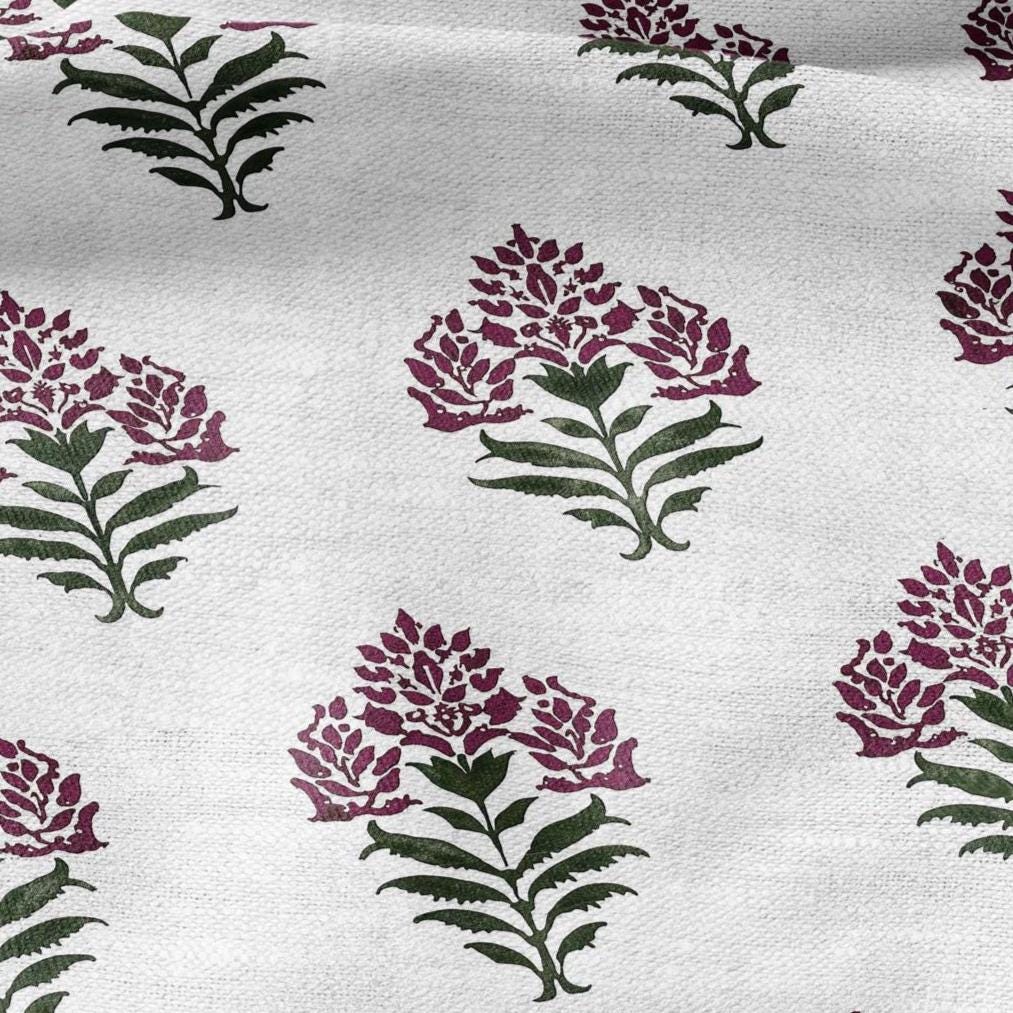 100% LINEN Fabric Block print Parijat flower - botanical upholstery home textile artisan fabrics red green white 2752