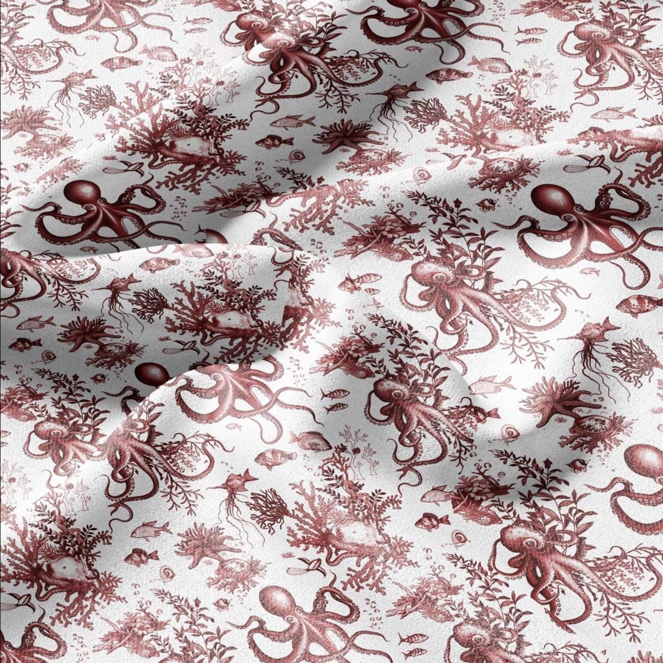 100% LINEN Fabric octopus linen - red white nautical fabric for upholstery home decor dress making 306R