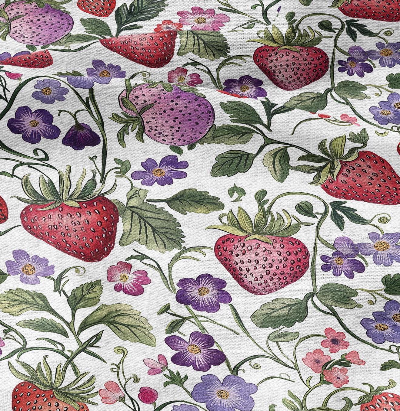 linen fabric with strawberry print field meadow