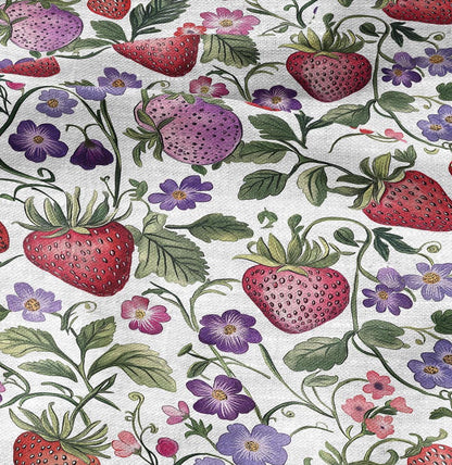 linen fabric with strawberry print field meadow