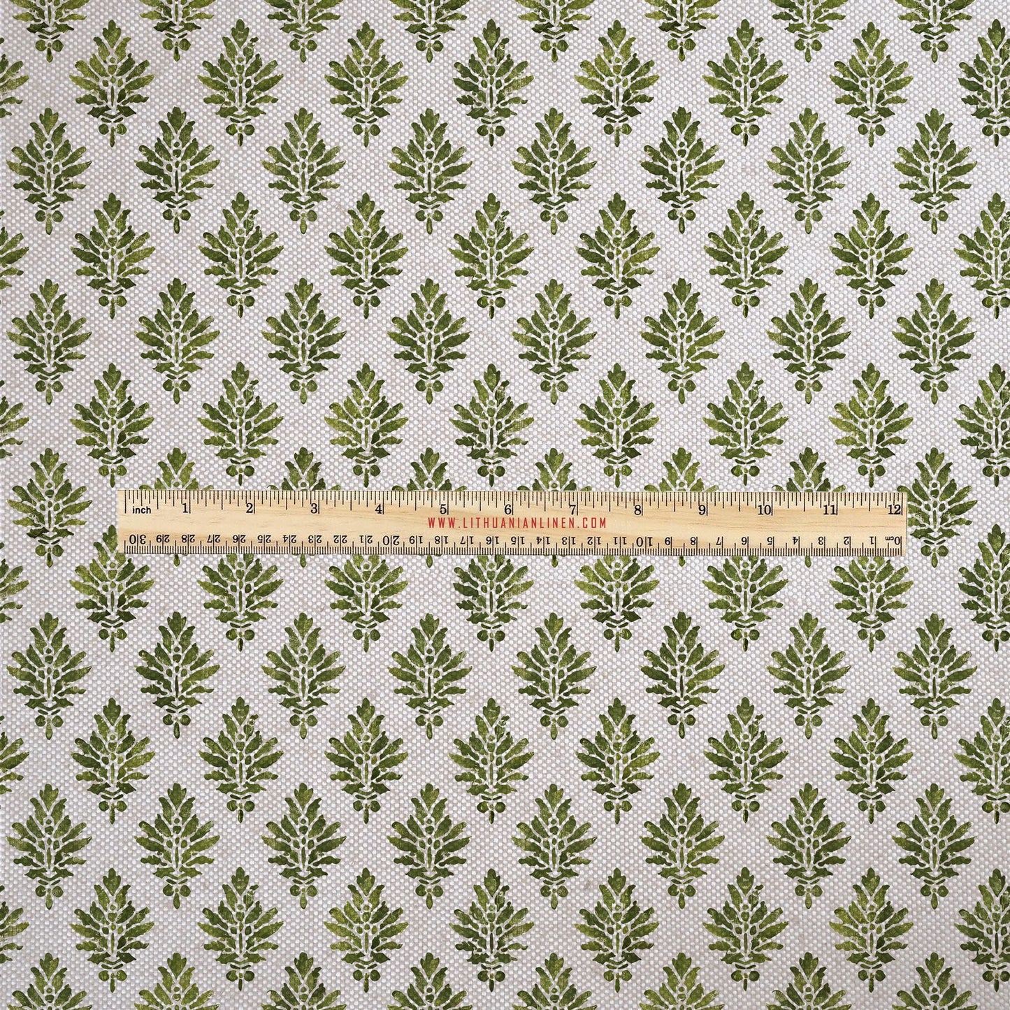 100% LINEN Fabric UPHOLSTERY 12oz - green block print - oatmeal linen fabric with floral print - Modern Vintage upholstery 302