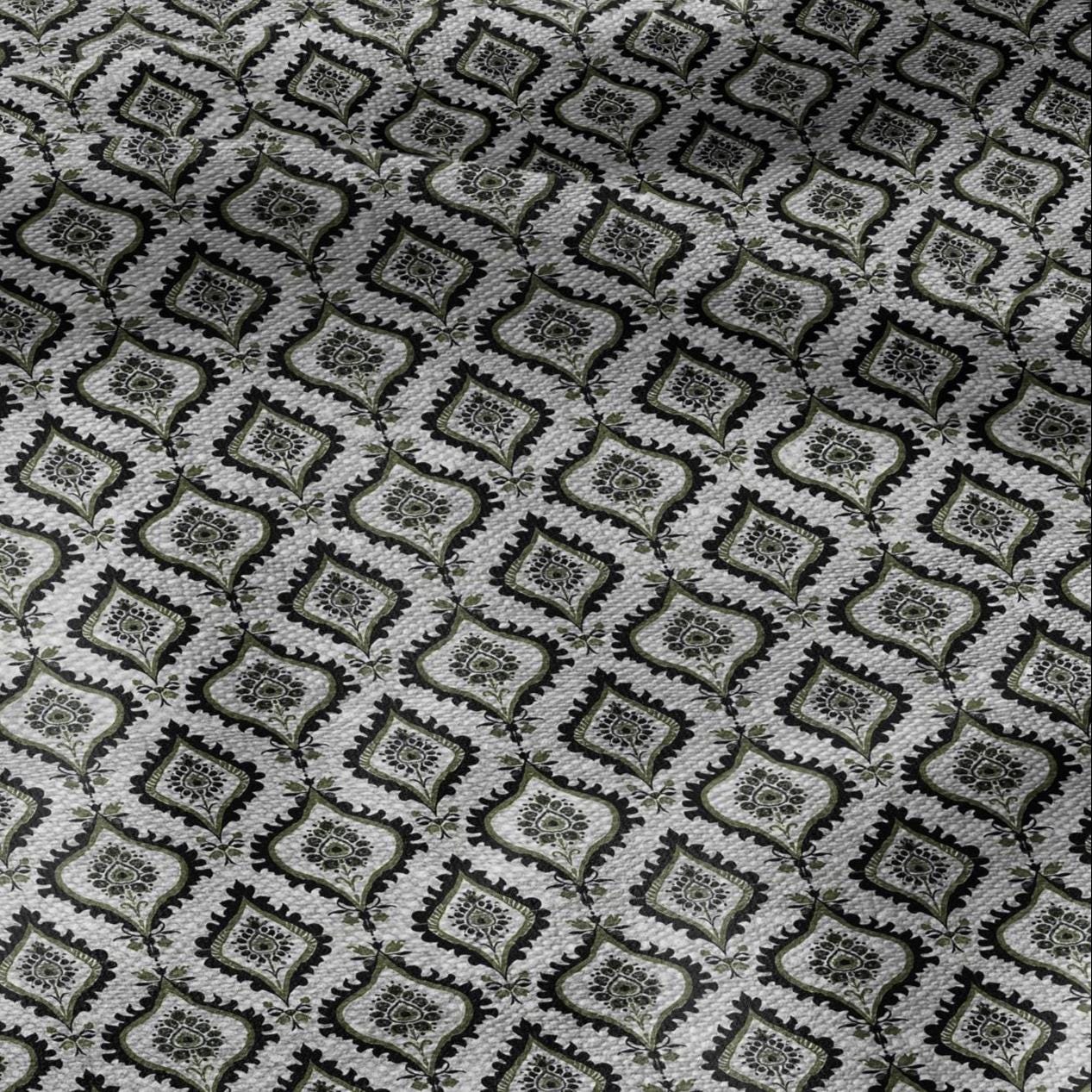 100% LINEN Fabric dark green block print - geometric modern vintage botanical 3418