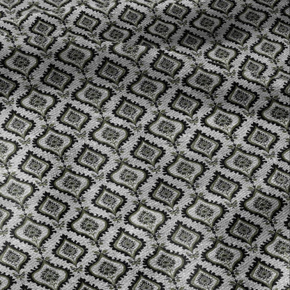 100% LINEN Fabric dark green block print - geometric modern vintage botanical 3418