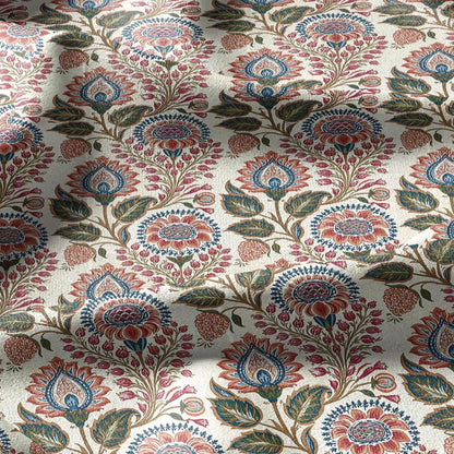 100% linen fabric Paisley floral print - Vintage pink red green botanical  - modern vintage  3414