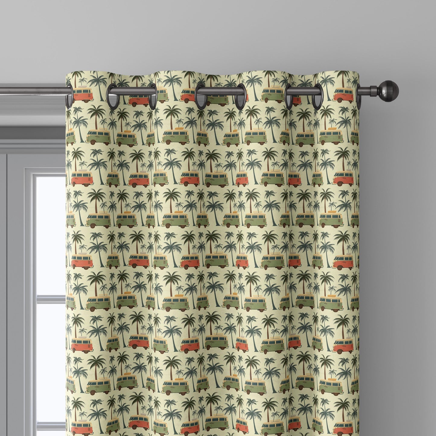 100% linen fabric California Dreaming print - Camper Vans Retro Lifestyle pattern  - Tropical Road Trip Palm tree Summer Vibes 3485