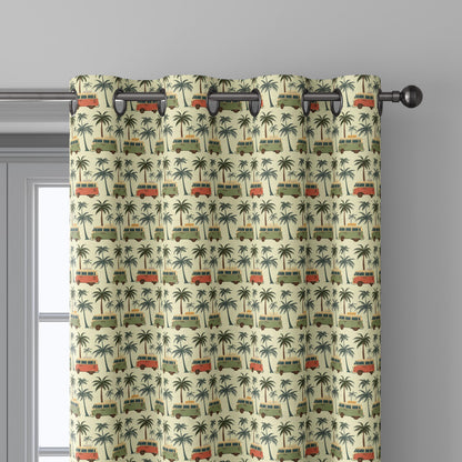 100% linen fabric California Dreaming print - Camper Vans Retro Lifestyle pattern  - Tropical Road Trip Palm tree Summer Vibes 3485
