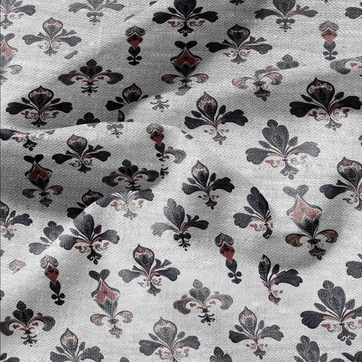 100% LINEN Fabric Fleur de lis print - floral black red gray - for upholstery home decor - medium for dress making 2279
