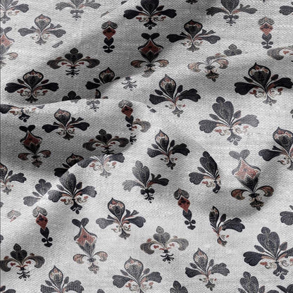 100% LINEN Fabric Fleur de lis print - floral black red gray - for upholstery home decor - medium for dress making 2279