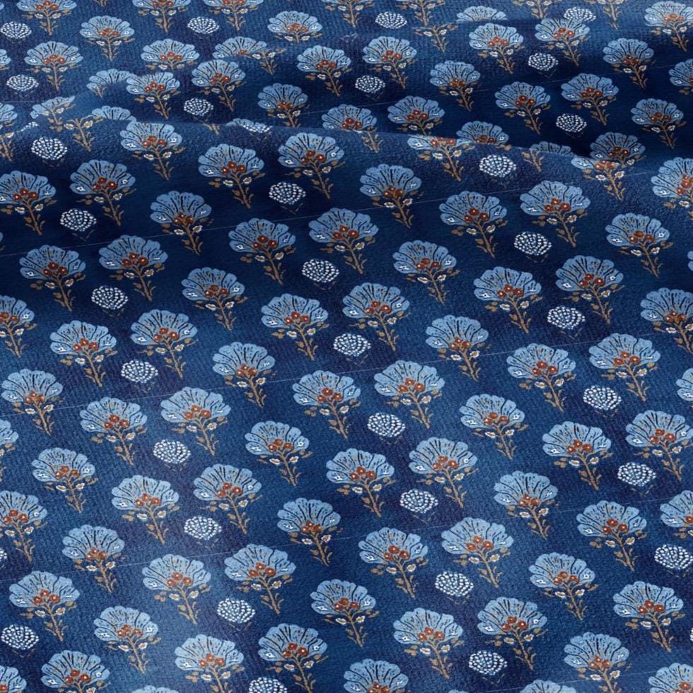 100% LINEN Indigo blue block print - Blue blossom - floral fabric for dress making or home decor 2934