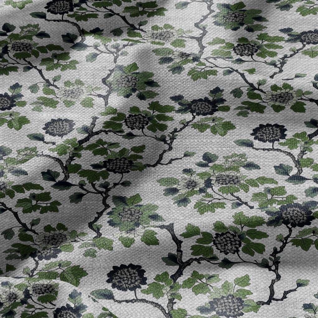 100% LINEN Fabric printgreen blue flower gray - oatmeal linen fabric with botanical print - heavy for home decor clothing 2918