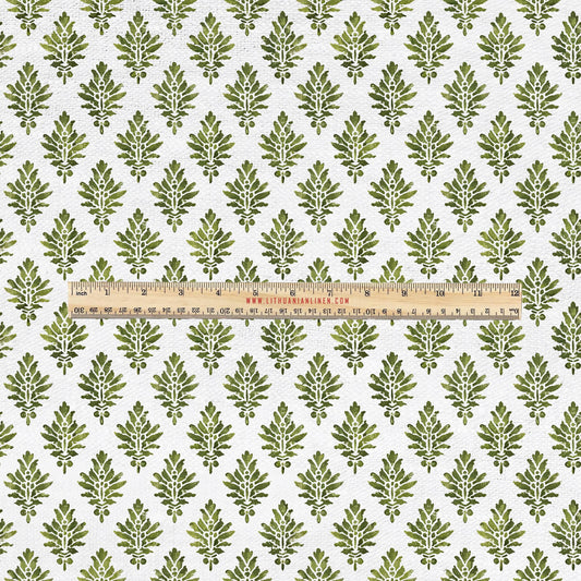 100% LINEN Fabric UPHOLSTERY 12oz - Kensi green block print on white - Modern Vintage Victorian floral upholstery 302