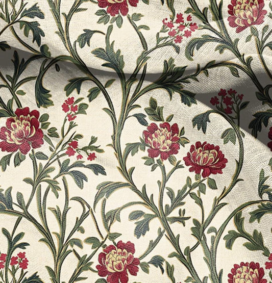 100% LINEN Fabric oriental with floral print,  linen fabric with botanical print, heavy linen fabric for upholstery home decor