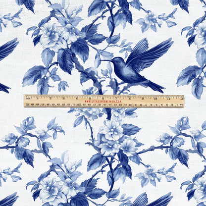 100% LINEN Fabric UPHOLSTERY 12oz - Humminbird blue white print on linen - tree blossom scenery floral upholstery 2280