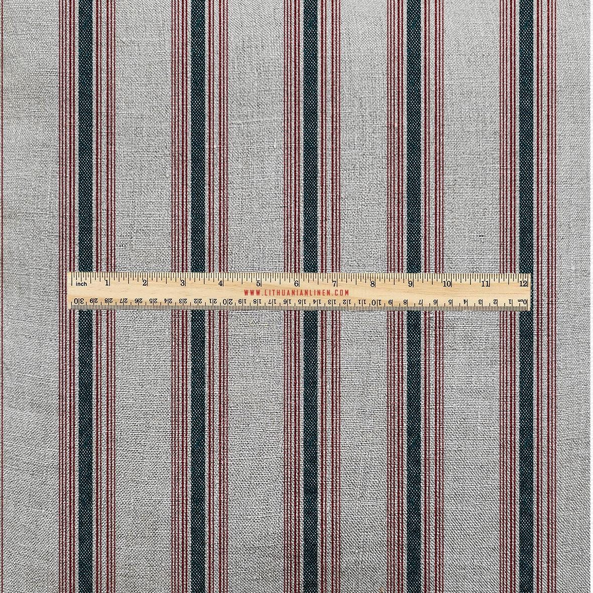 100% LINEN Fabric UPHOLSTERY 12oz - Belgian red ticking stripe on natural taupe grey linen - Modern vintage Grandmillenial upholstery 2969