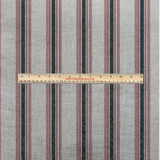 100% LINEN Fabric UPHOLSTERY 12oz - Belgian red ticking stripe on natural taupe grey linen - Modern vintage Grandmillenial upholstery 2969
