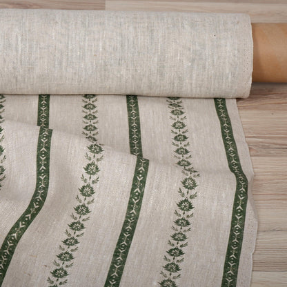 100% LINEN Fabric Striped floral print - block print green leaves on oatmeal linen for upholstery curtains dress making 2687