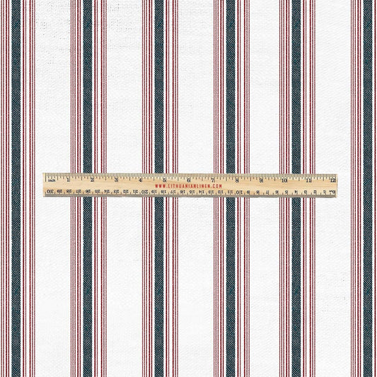 100% LINEN Fabric UPHOLSTERY 12oz - Belgian red ticking stripe on white linen - Modern vintage Grandmillenial upholstery 2969