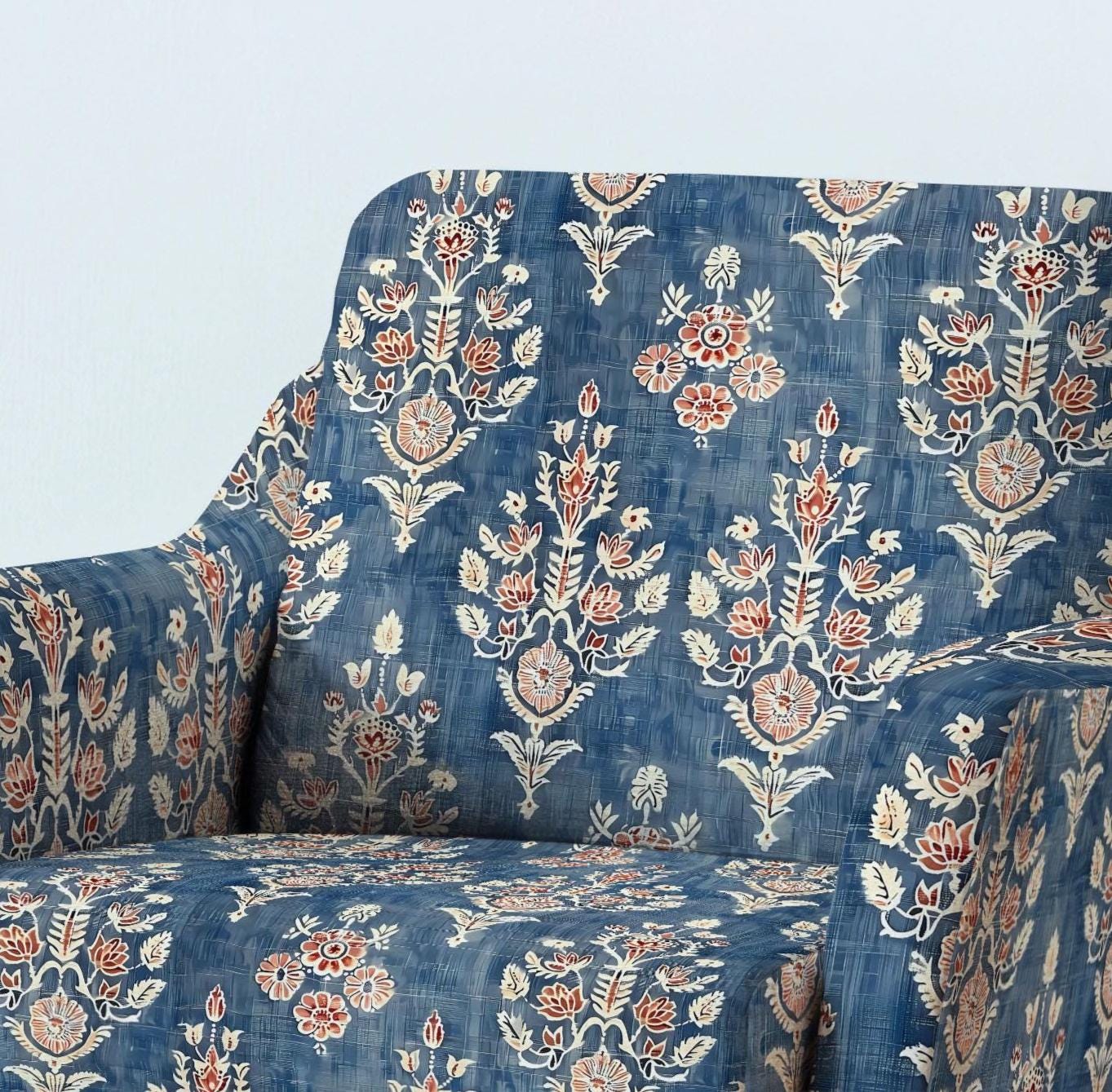 100% LINEN Fabric UPHOLSTERY 12oz - Blue red block print Indian large on white linen - Modern vintage Grandmillennial  upholstery 322L