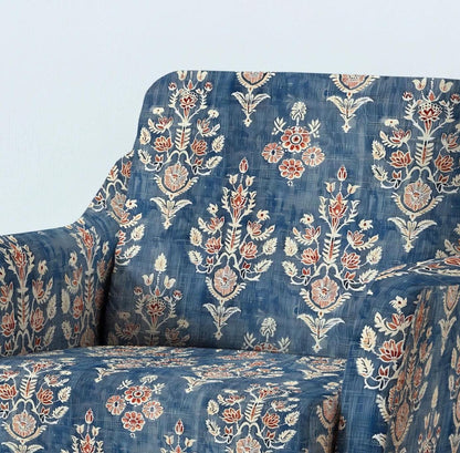 100% LINEN Fabric UPHOLSTERY 12oz - Blue red block print Indian large on white linen - Modern vintage Grandmillennial  upholstery 322L