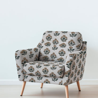 100% LINEN Fabric UPHOLSTERY 12oz - block print flowers - oatmeal with black brown print Achillea - Modern Vintage upholstery 2487