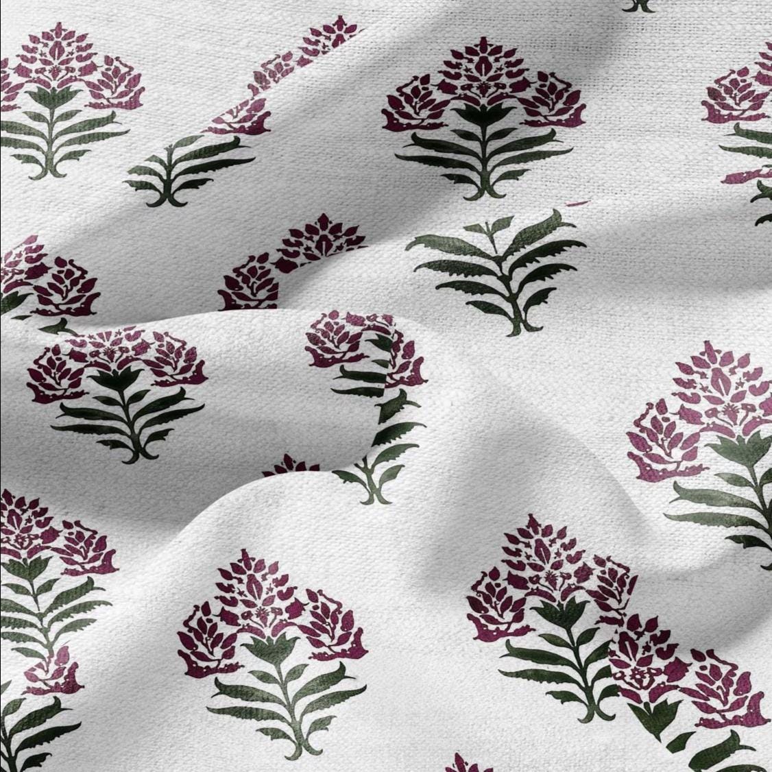 100% LINEN Fabric Block print Parijat flower - botanical upholstery home textile artisan fabrics red green white 2752