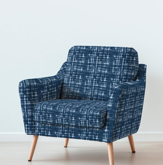 100% LINEN Fabric UPHOLSTERY 12oz - Indigo Shibori Checks - Modern Geometric Dark Blue Neutral Tiled Minimal upholstery 2970