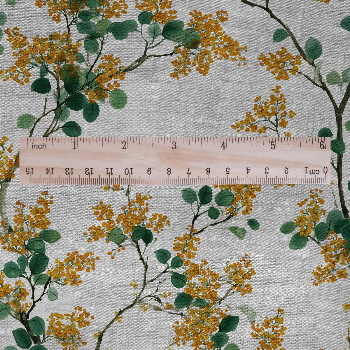 100% LINEN Fabric yellow mimosa blossom print - oatmeal linen fabric with floral botanical print - modern vintage 3057