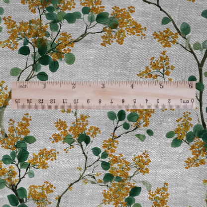 100% LINEN Fabric yellow mimosa blossom print - oatmeal linen fabric with floral botanical print - modern vintage 3057