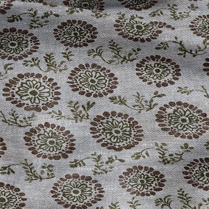 100% LINEN Fabric hand block print flowers - oatmeal natur linen fabric with black yellow print - fabric for home decor upholstery