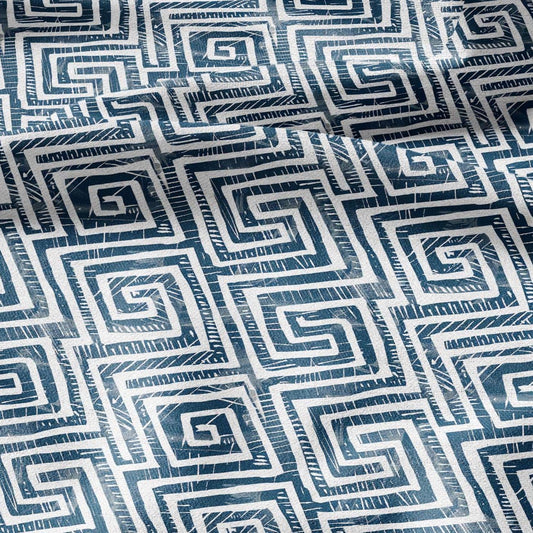 100% LINEN Fabric block Greek key Infinity print indigo blue on white - heavy linen fabric for upholstery home decor 2590