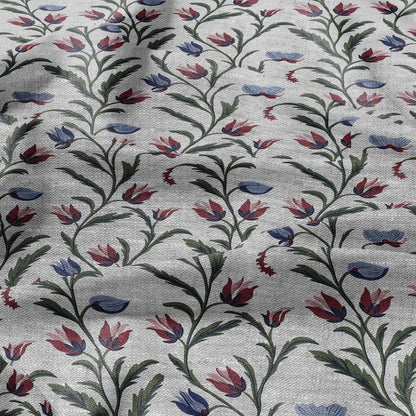 100% LINEN Fabric tulips blossom print on oatmeal linen - blue gray heavy fabric for upholstery - medium weight linen dress making