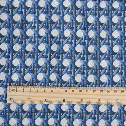 100% LINEN Fabric Blue bamboo trellis - botanical textile artisan fabrics blue white 3687