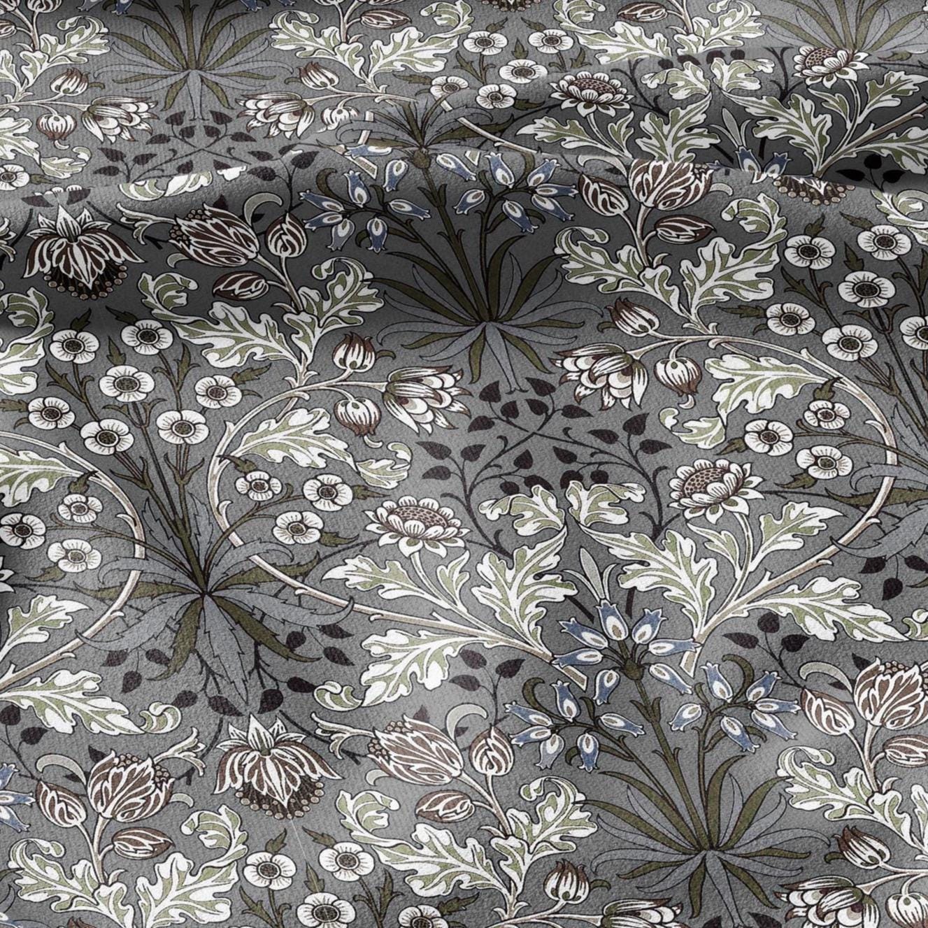 100% LINEN Fabric William Morris hyacinth grey print - Modern vintage botanical - Victorian Art Craft gray 3151
