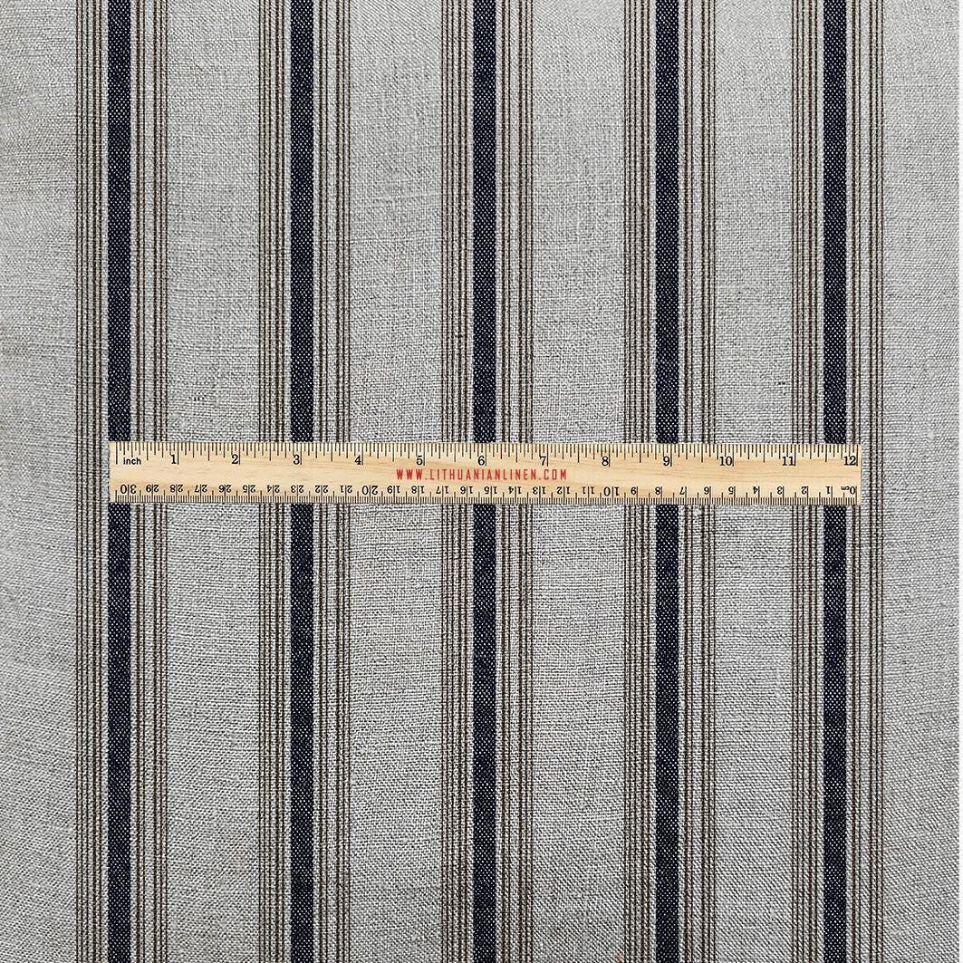 100% LINEN Fabric UPHOLSTERY 12oz - Belgian ticking stripe on natural taupe grey linen - Modern vintage stripe upholstery 2969