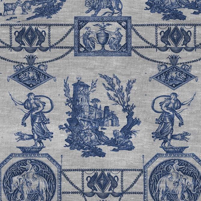 100% LINEN Fabric french blue print oatmeal - Goddess Diana with Lion - toile de jouy - Diane chasseresse by Jean-Baptiste Huet 3413
