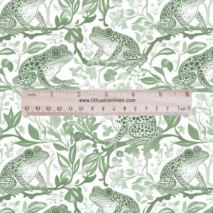 100% LINEN Fabric toile de jouy Frog Nautical print - green white linen fabric with green coastal print for upholstery home decor
