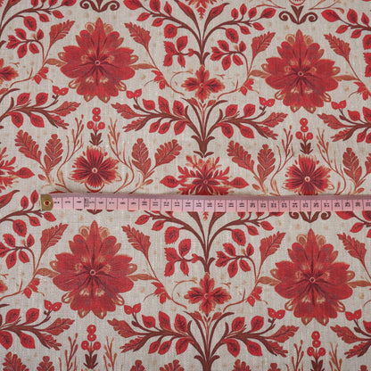 100% LINEN Fabric red floral print on oatmeal natur linen - love red flower fabric - French linen floral upholstery dress making 2036