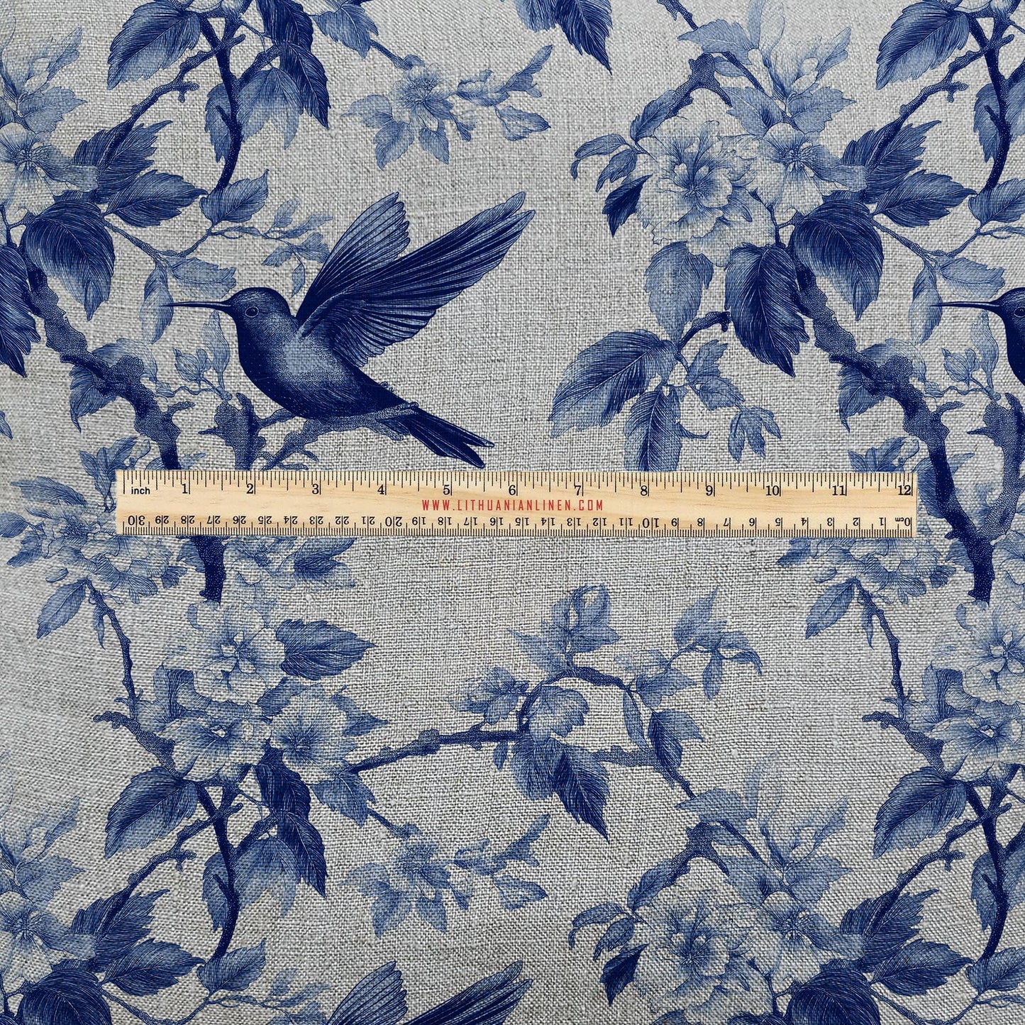 100% LINEN Fabric UPHOLSTERY 12oz - hummingbird floral blue print on linen - Modern vintage marine toile de jouy upholstery 2281