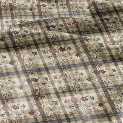 100% LINEN Fabric block print Gingham floral - brown floral linen heavy for upholstery home decor - medium for dress making 2911