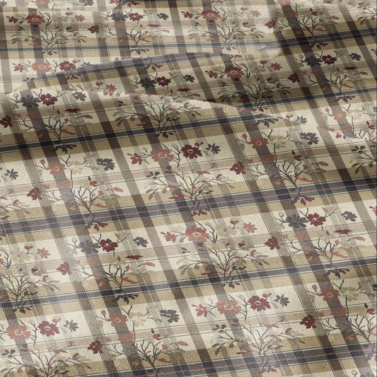 100% LINEN Fabric block print Gingham floral - brown floral linen heavy for upholstery home decor - medium for dress making 2911