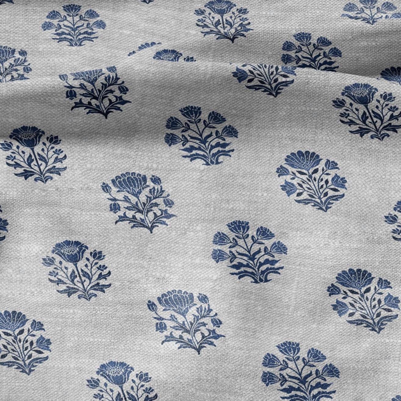 100% LINEN Fabric block print Genda - Indian blue floral linen heavy for upholstery home decor - medium for dress making 2947
