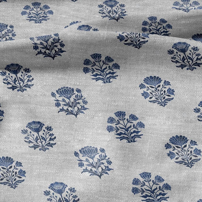 100% LINEN Fabric block print Genda - Indian blue floral linen heavy for upholstery home decor - medium for dress making 2947