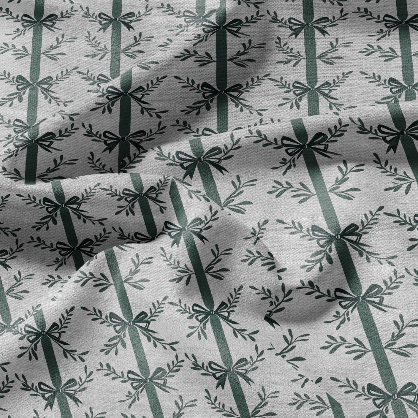 100% LINEN Fabric stripe bow holidays block print on oatmeal linen - French linen floral upholstery 2129