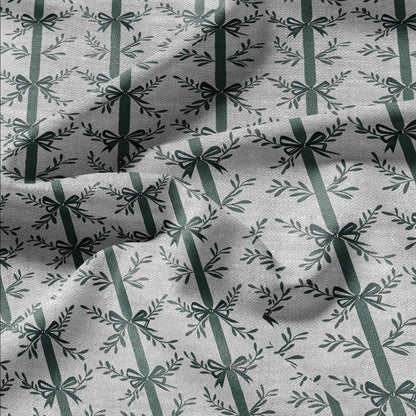 100% LINEN Fabric stripe bow holidays block print on oatmeal linen - French linen floral upholstery 2129